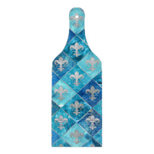 Fleur-de-lis pattern Blue Marble and Silver Cutting Board