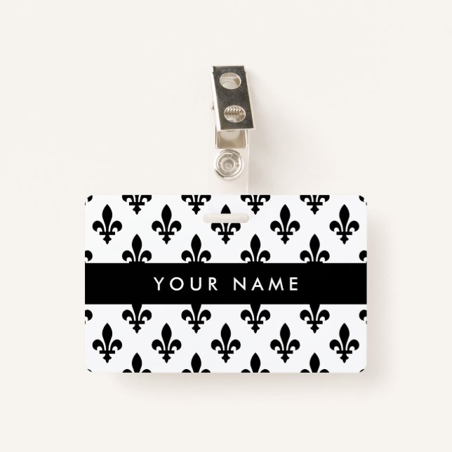 Fleur de Lis Pattern, French, Royal, Black ID Badge (Front with Clip)