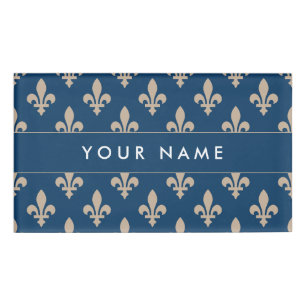 Fleur de Lis Pattern, French, Royal, Cream, Blue Name Tag
