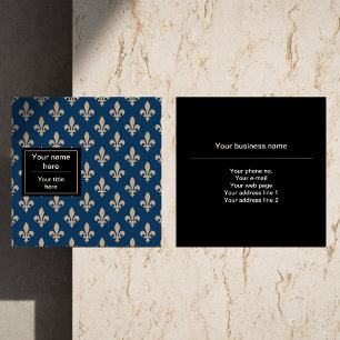 Fleur de Lis Pattern, French, Royal, Cream, Blue Square Business Card