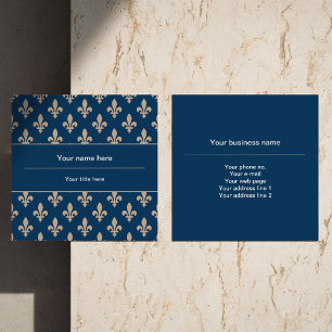 Fleur de Lis Pattern, French, Royal, Cream, Blue Square Business Card