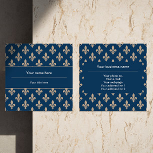Fleur de Lis Pattern, French, Royal, Cream, Blue Square Business Card