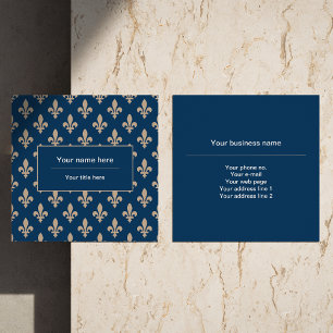 Fleur de Lis Pattern, French, Royal, Cream, Blue Square Business Card