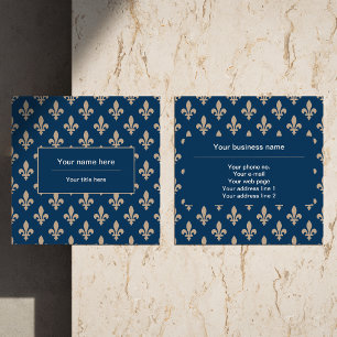 Fleur de Lis Pattern, French, Royal, Cream, Blue Square Business Card