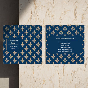 Fleur de Lis Pattern, French, Royal, Cream, Blue Square Business Card