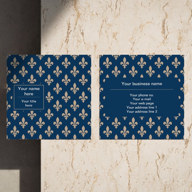Fleur de Lis Pattern, French, Royal, Cream, Blue Square Business Card (Creator Uploaded)