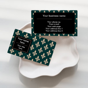 Fleur de Lis Pattern, French, Royal, Cream, Green Business Card