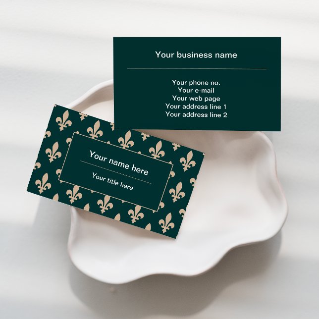 Fleur de Lis Pattern, French, Royal, Cream, Green Business Card (Creator Uploaded)
