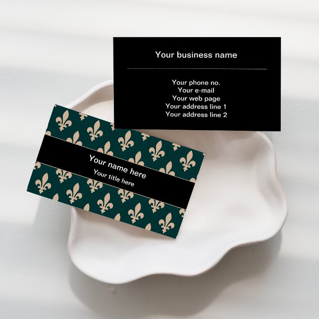 Fleur de Lis Pattern, French, Royal, Cream, Green Business Card (Creator Uploaded)