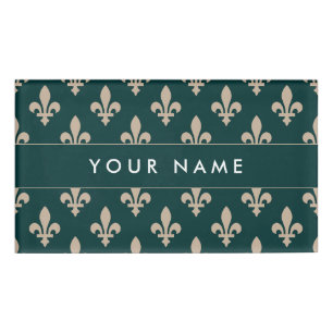 Fleur de Lis Pattern, French, Royal, Cream, Green Name Tag