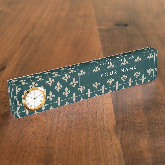 Fleur de Lis Pattern, French, Royal, Cream, Green Nameplate (Side)