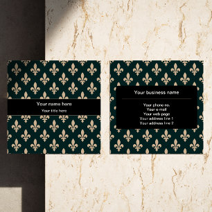 Fleur de Lis Pattern, French, Royal, Cream, Green Square Business Card
