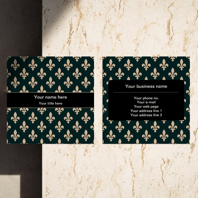 Fleur de Lis Pattern, French, Royal, Cream, Green Square Business Card (Creator Uploaded)