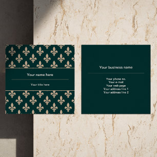 Fleur de Lis Pattern, French, Royal, Cream, Green Square Business Card