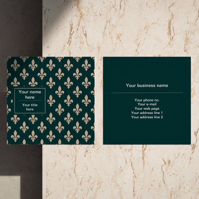 Fleur de Lis Pattern, French, Royal, Cream, Green Square Business Card (Creator Uploaded)