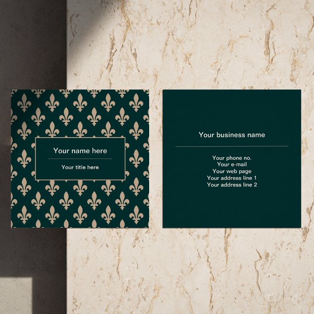 Fleur de Lis Pattern, French, Royal, Cream, Green Square Business Card (Creator Uploaded)
