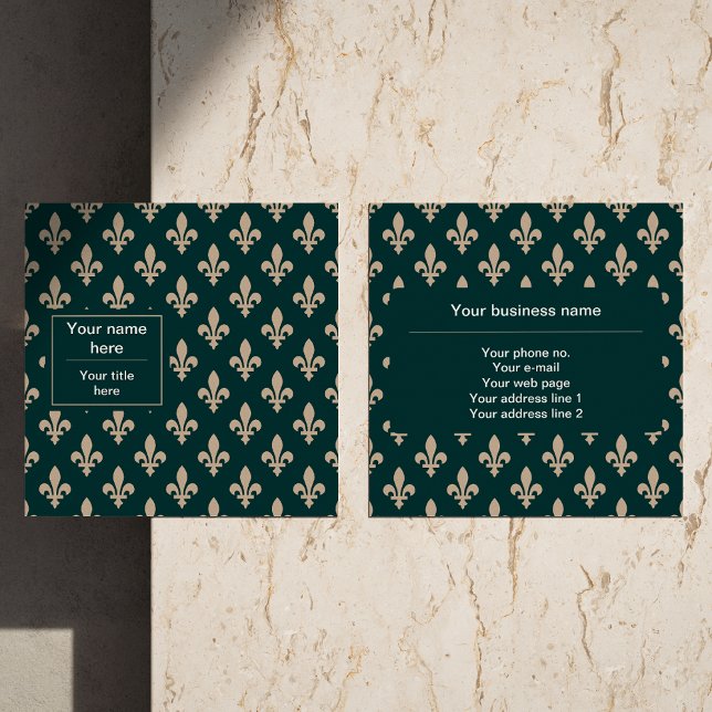 Fleur de Lis Pattern, French, Royal, Cream, Green Square Business Card (Creator Uploaded)