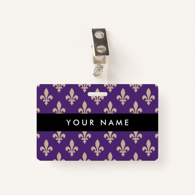 Fleur de Lis Pattern, French, Royal, Cream, Purple ID Badge (Front with Clip)
