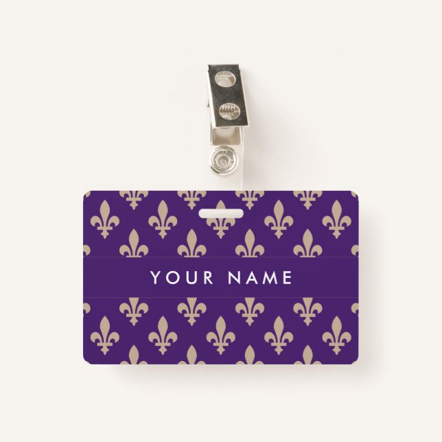 Fleur de Lis Pattern, French, Royal, Cream, Purple ID Badge (Front with Clip)