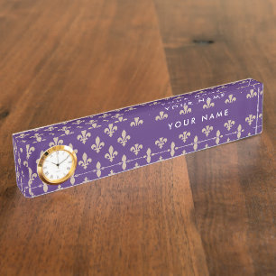 Fleur de Lis Pattern, French, Royal, Cream, Purple Nameplate