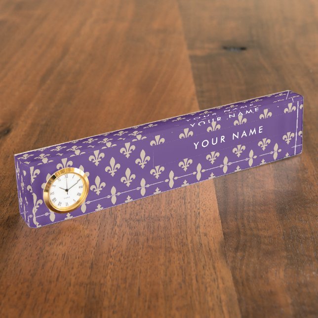 Fleur de Lis Pattern, French, Royal, Cream, Purple Nameplate (Side)