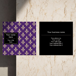 Fleur de Lis Pattern, French, Royal, Cream, Purple Square Business Card