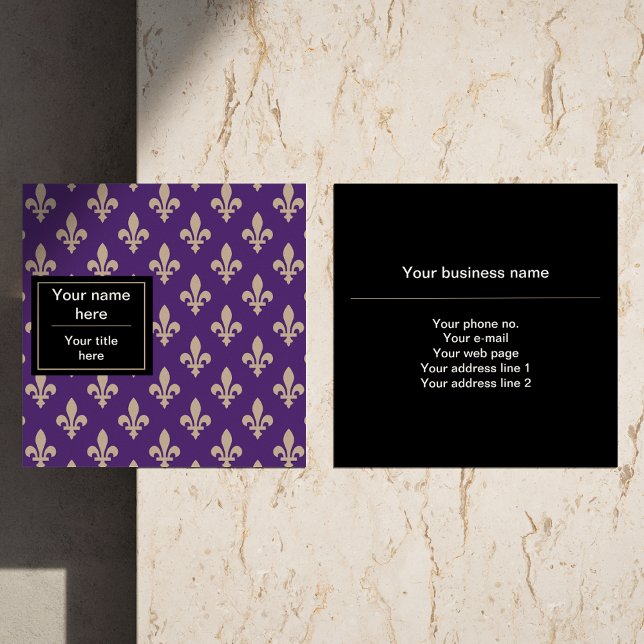 Fleur de Lis Pattern, French, Royal, Cream, Purple Square Business Card (Creator Uploaded)