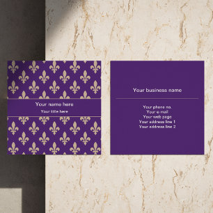 Fleur de Lis Pattern, French, Royal, Cream, Purple Square Business Card