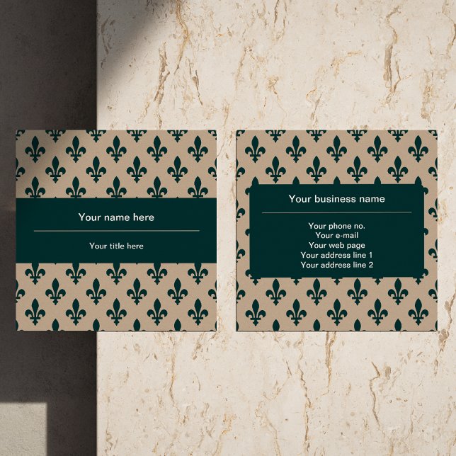 Fleur de Lis Pattern, French, Royal, Green Square Business Card (Creator Uploaded)