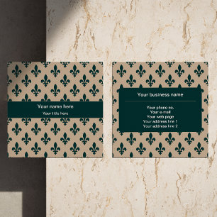 Fleur de Lis Pattern, French, Royal, Green Square Business Card