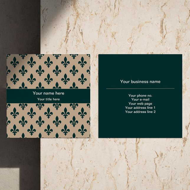 Fleur de Lis Pattern, French, Royal, Green Square Business Card (Creator Uploaded)