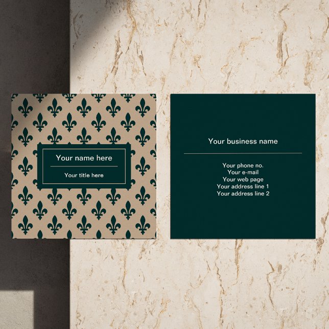 Fleur de Lis Pattern, French, Royal, Green Square Business Card (Creator Uploaded)