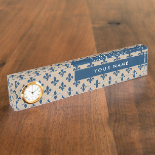 Fleur de Lis Pattern, French, Royal, Navy Blue Nameplate