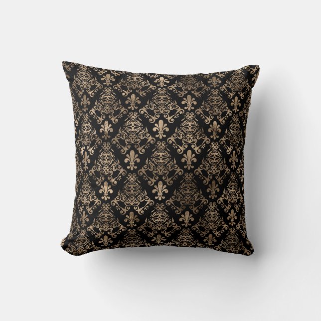 Fleur-de-lis pattern gold on black cushion (Front)
