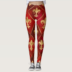Fleur-de-lis pattern luxury red leggings