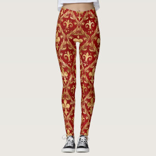 Fleur-de-lis pattern luxury red leggings