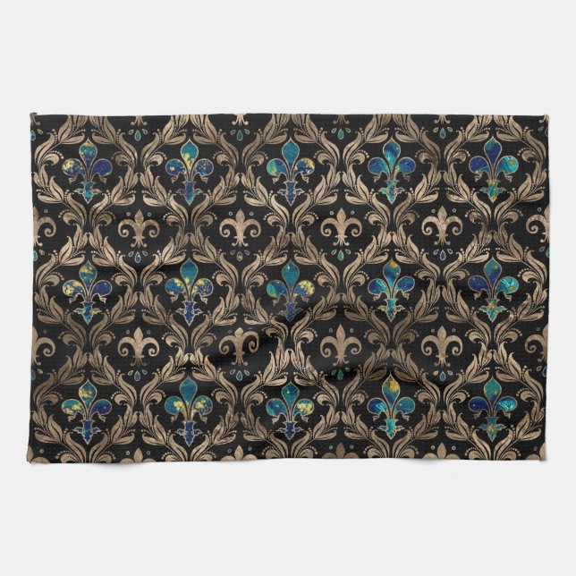 Fleur-de-lis pattern marble and gold tea towel (Horizontal)