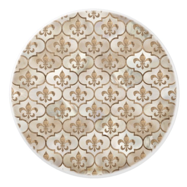 Fleur-de-lis pattern pearl and gold ceramic knob (Front)