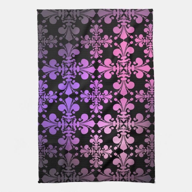Fleur de lis pattern pink purple black tea towel (Vertical)