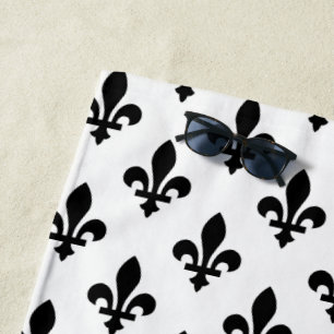 Fleur de Lis Pattern, Royal French, Black on White Beach Towel