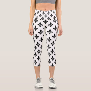 Fleur de Lis Pattern, Royal French, Black on White Capri Leggings