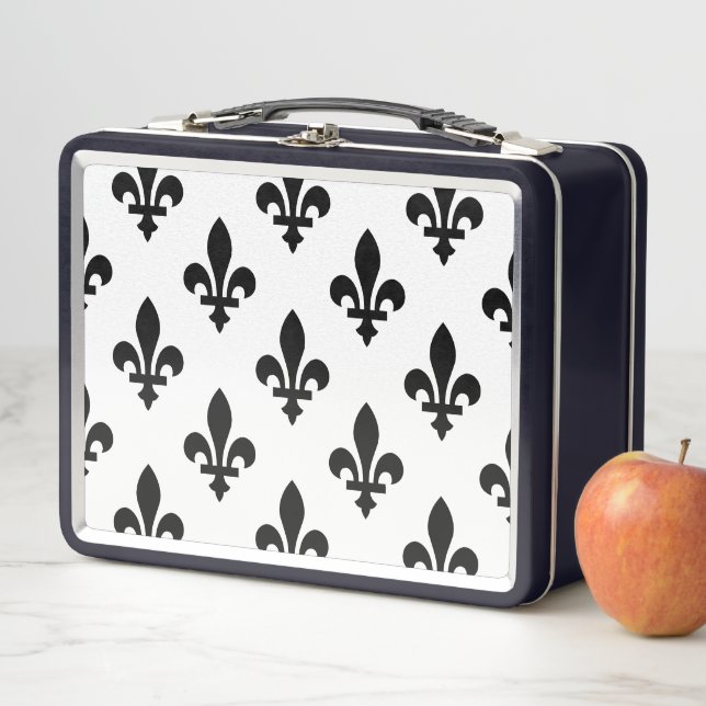 Fleur de Lis Pattern, Royal French, Black on White Metal Lunch Box (In Situ)