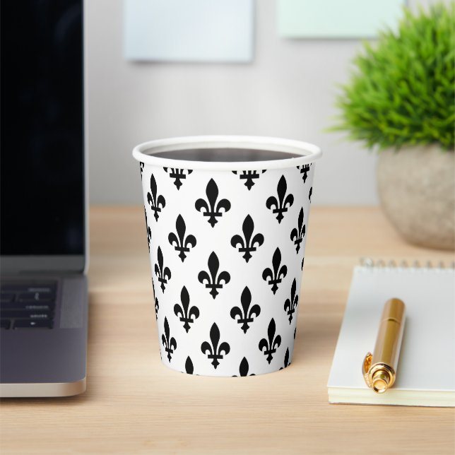 Fleur de Lis Pattern, Royal French, Black on White Paper Cups (Insitu)