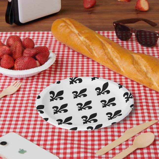 Fleur de Lis Pattern, Royal French, Black on White Paper Plate (Picnic)