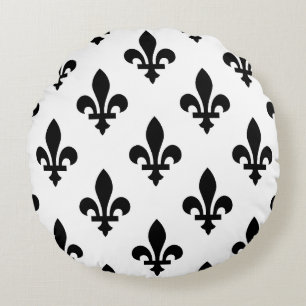Fleur de Lis Pattern, Royal French, Black on White Round Cushion