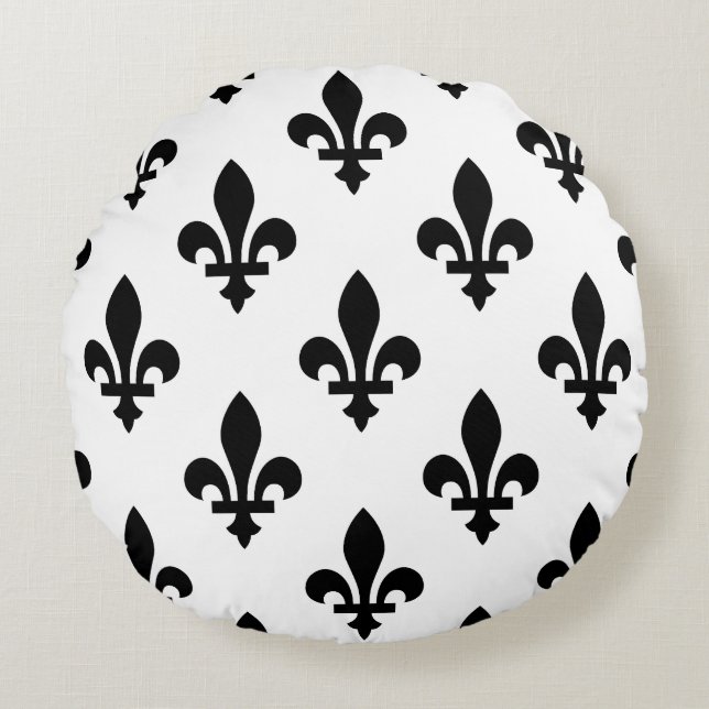 Fleur de Lis Pattern, Royal French, Black on White Round Cushion (Front)