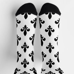 Fleur de Lis Pattern, Royal French, Black on White Socks