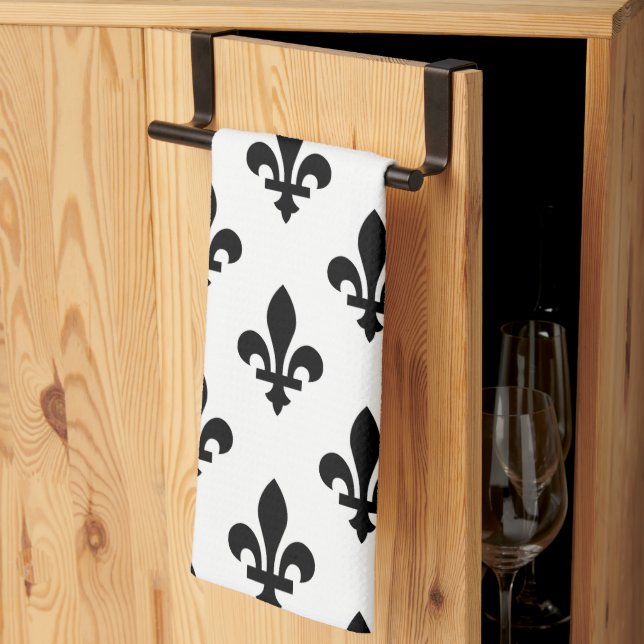 Fleur de Lis Pattern, Royal French, Black on White Tea Towel (Thirds Fold)