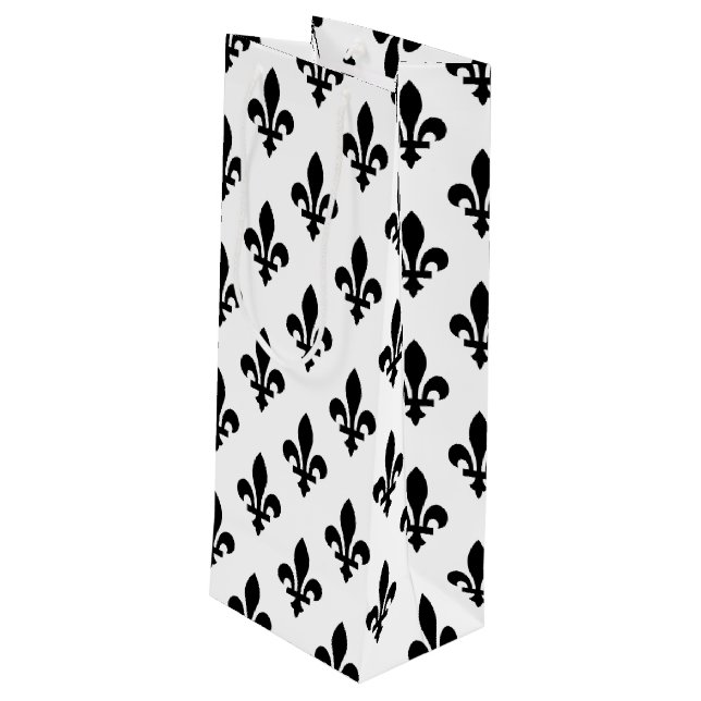 Fleur de Lis Pattern, Royal French, Black on White Wine Gift Bag (Back Angled)