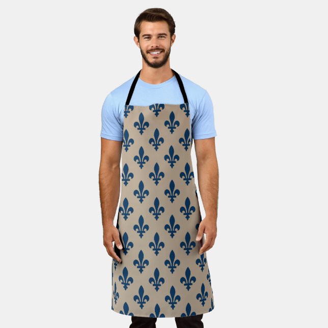 Fleur de Lis Pattern, Royal French Blue on Cream Apron (Worn)